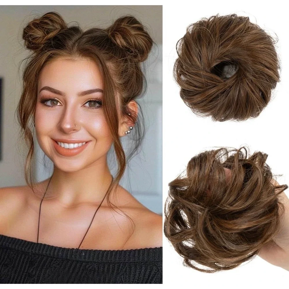 CJL HAIR 2Pcs Messy Bun‎ Hair Piece Synthetic Curly Scrunchies Chocolate Brown